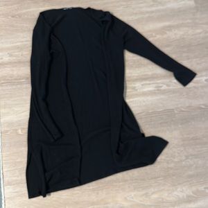 Long open front cardigan. Dark gray